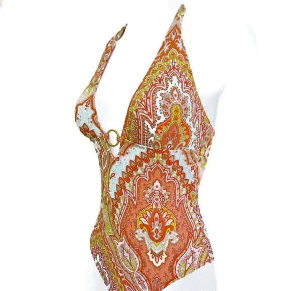 SOLD Tommy Bahama Swimsuit One Piece Halter Marrakech Padded Neutral O Ring - Picture 2 of 11
